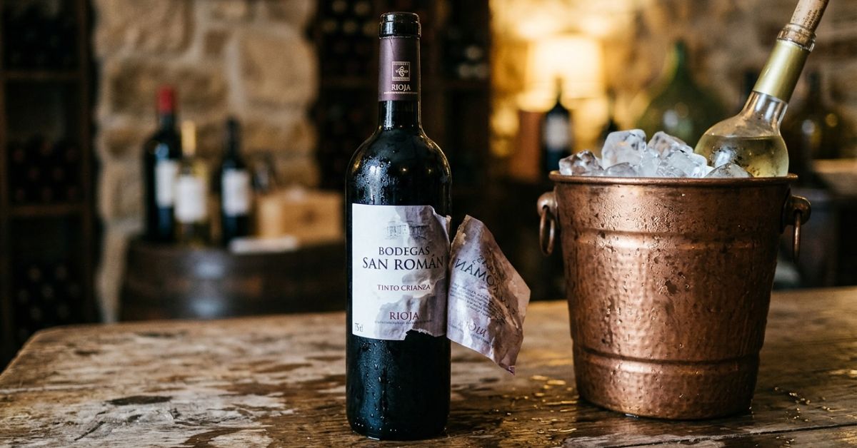 Botella de vino con etiquetado de vino degradado poco resistente